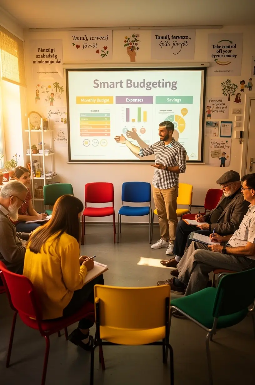 Közösségi klub tagjai pénzügyi könyveket böngésznek és tanácsokat cserélnek a személyes pénzügyekről.