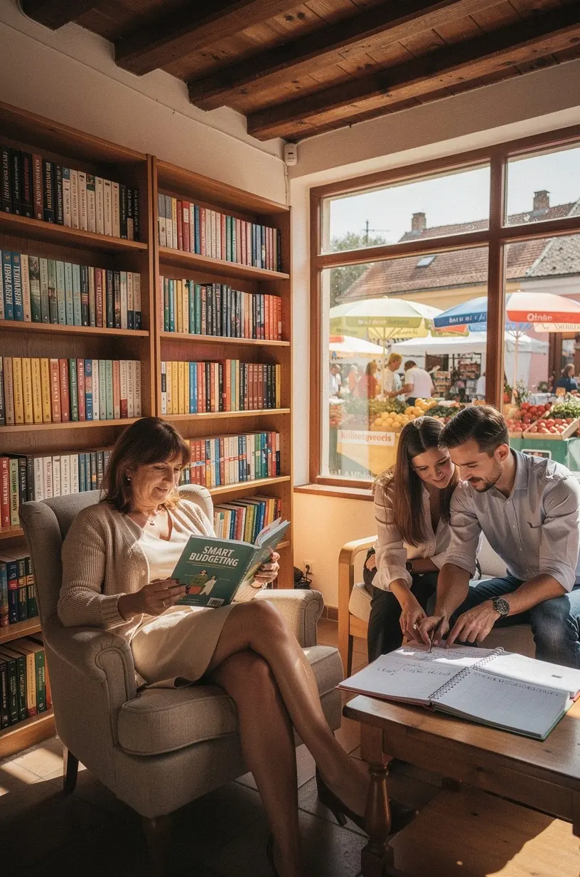 Egy szakértő segít egy családnak átlátható pénzügyi tervezőt kitölteni a klubban.