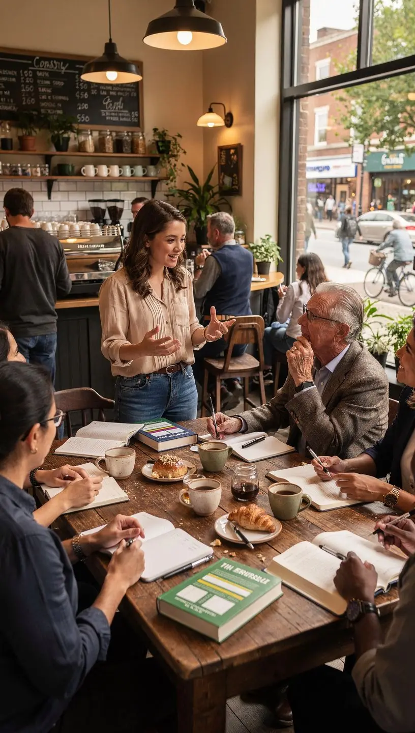 Közösségi esemény a klubban, ahol résztvevők pénzügyi könyveket vásárolnak és tapasztalatokat osztanak meg.
